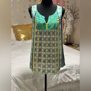 Crown & Ivy Printed Sleeveless Top – Lace Detail Boho Blouse (Size M)